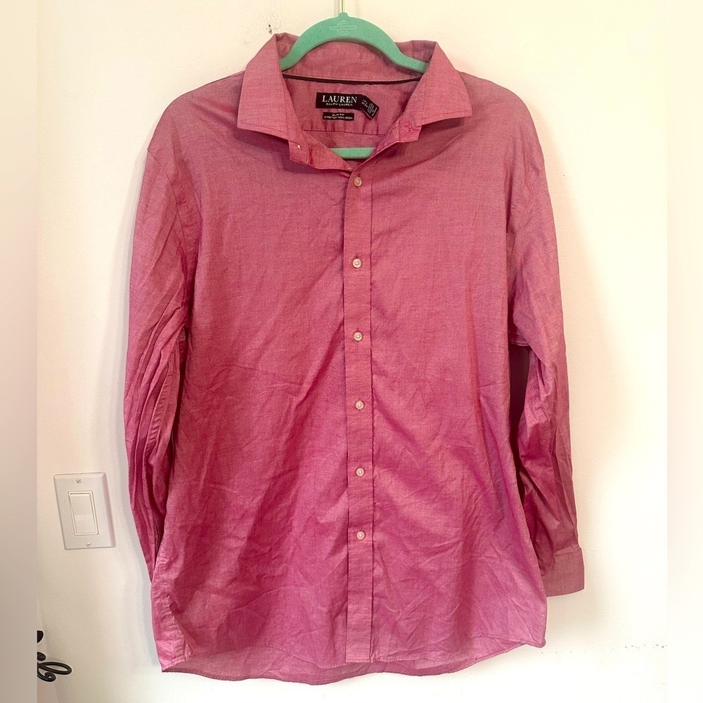 Men’s Lauren Ralph Lauren Pink Button Down Shirt neck 17.5 sleeve 34-35 no iron